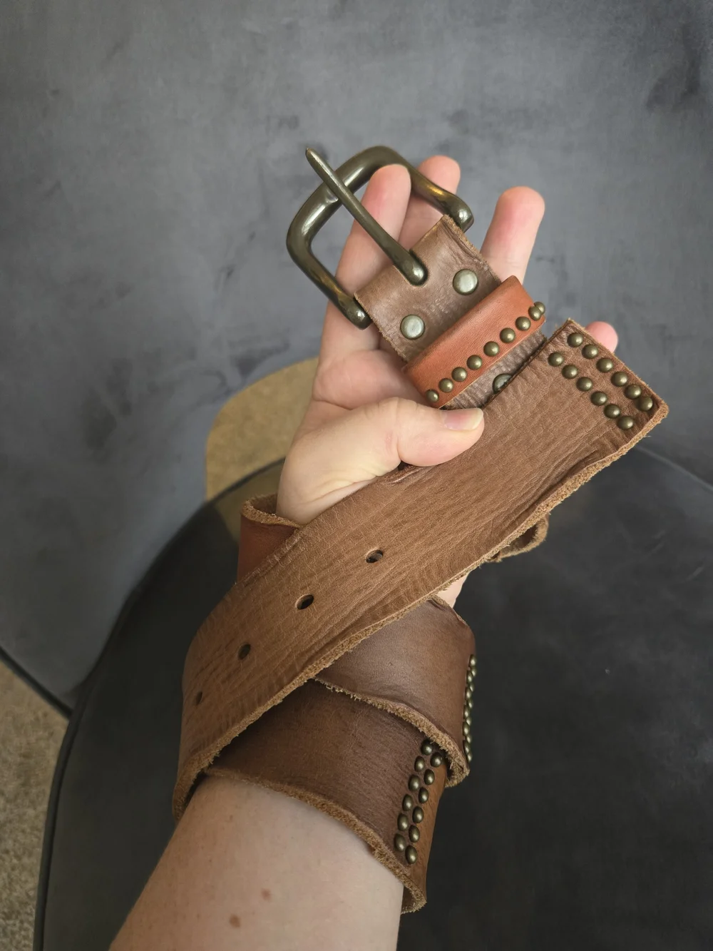 Leather Island Bill Lavin Vintage Wide Brown Studded Western Belt Double Prong
